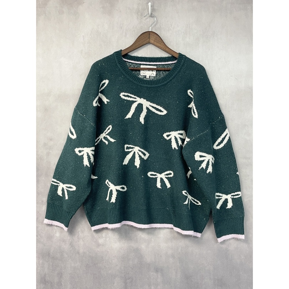 CC California Womens Bow Sweater Size 1X Stretch Preppy Twee Kitsch Balletcore
